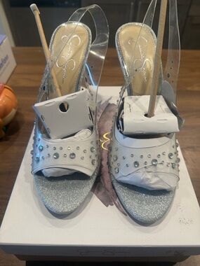 Jessica Simpson White & Silver Studded Clear Slingback Heels